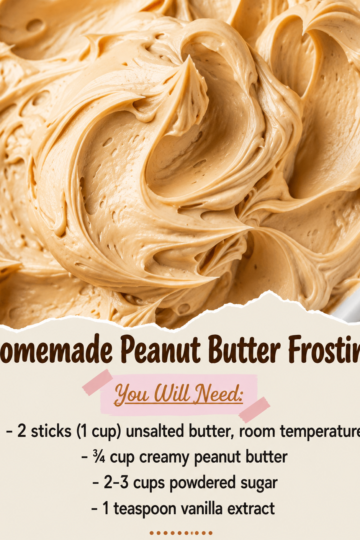 A bowl of smooth, creamy homemade peanut butter frosting with a light tan color and swirled texture, ready to spread over cakes, cupcakes, or brownies.
