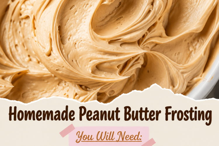 A bowl of smooth, creamy homemade peanut butter frosting with a light tan color and swirled texture, ready to spread over cakes, cupcakes, or brownies.
