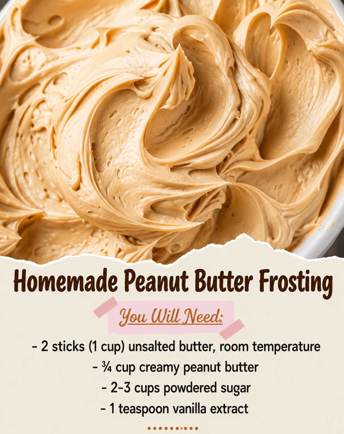 A bowl of smooth, creamy homemade peanut butter frosting with a light tan color and swirled texture, ready to spread over cakes, cupcakes, or brownies.