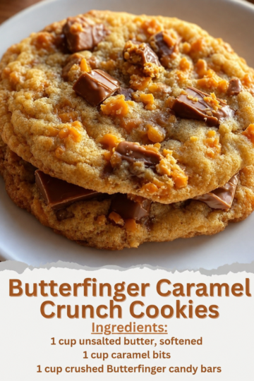A stack of thick homemade Butterfinger caramel cookies with golden, crispy edges and soft, chewy centers. The cookies are packed with crushed Butterfinger candy pieces and gooey caramel bits, with melted caramel stretching from a broken cookie. Served on a rustic wooden board with scattered candy pieces in warm natural light, creating a cozy bakery-style dessert presentation.