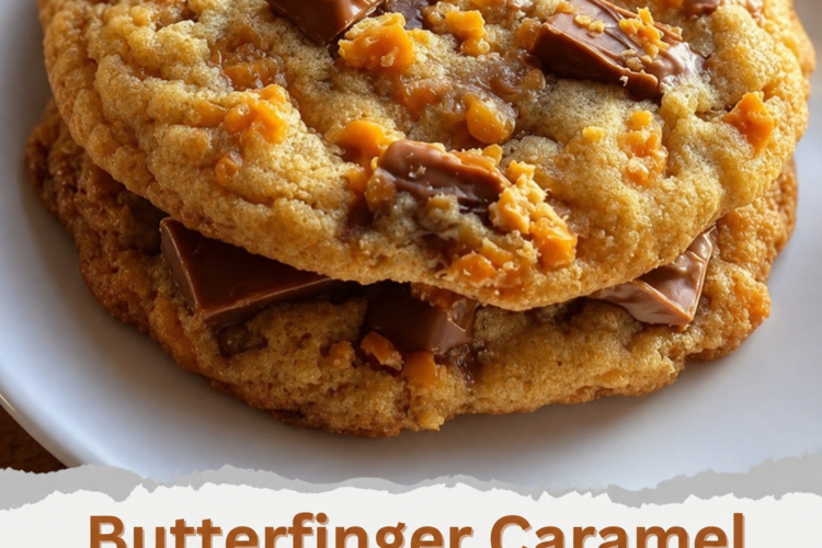 A stack of thick homemade Butterfinger caramel cookies with golden, crispy edges and soft, chewy centers. The cookies are packed with crushed Butterfinger candy pieces and gooey caramel bits, with melted caramel stretching from a broken cookie. Served on a rustic wooden board with scattered candy pieces in warm natural light, creating a cozy bakery-style dessert presentation.