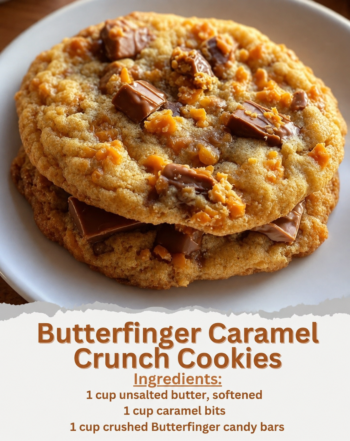A stack of thick homemade Butterfinger caramel cookies with golden, crispy edges and soft, chewy centers. The cookies are packed with crushed Butterfinger candy pieces and gooey caramel bits, with melted caramel stretching from a broken cookie. Served on a rustic wooden board with scattered candy pieces in warm natural light, creating a cozy bakery-style dessert presentation.