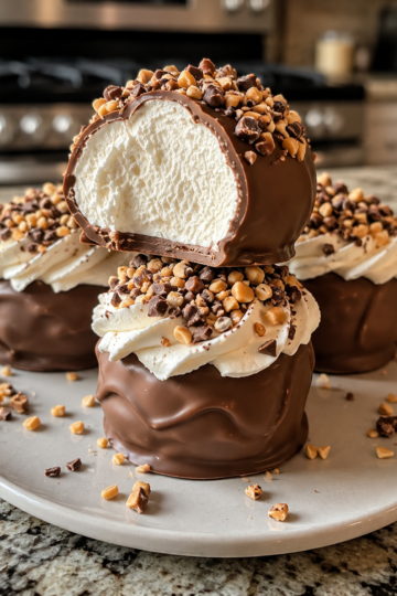 A tray of homemade frozen Cool Whip truffles coated in glossy milk chocolate, with a few topped with crushed toffee bits, chopped nuts, and mini chocolate chips. One truffle is cut open to reveal the light, fluffy, creamy center. Served on parchment paper in warm natural light on a rustic wooden table for an elegant no-bake dessert presentation.