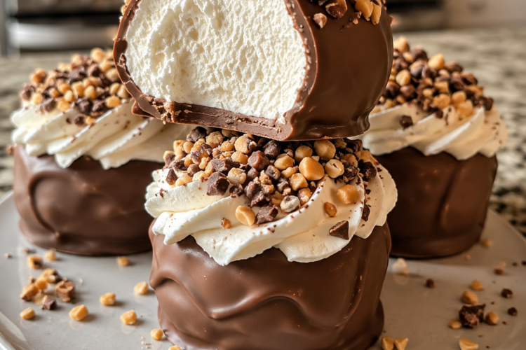 A tray of homemade frozen Cool Whip truffles coated in glossy milk chocolate, with a few topped with crushed toffee bits, chopped nuts, and mini chocolate chips. One truffle is cut open to reveal the light, fluffy, creamy center. Served on parchment paper in warm natural light on a rustic wooden table for an elegant no-bake dessert presentation.