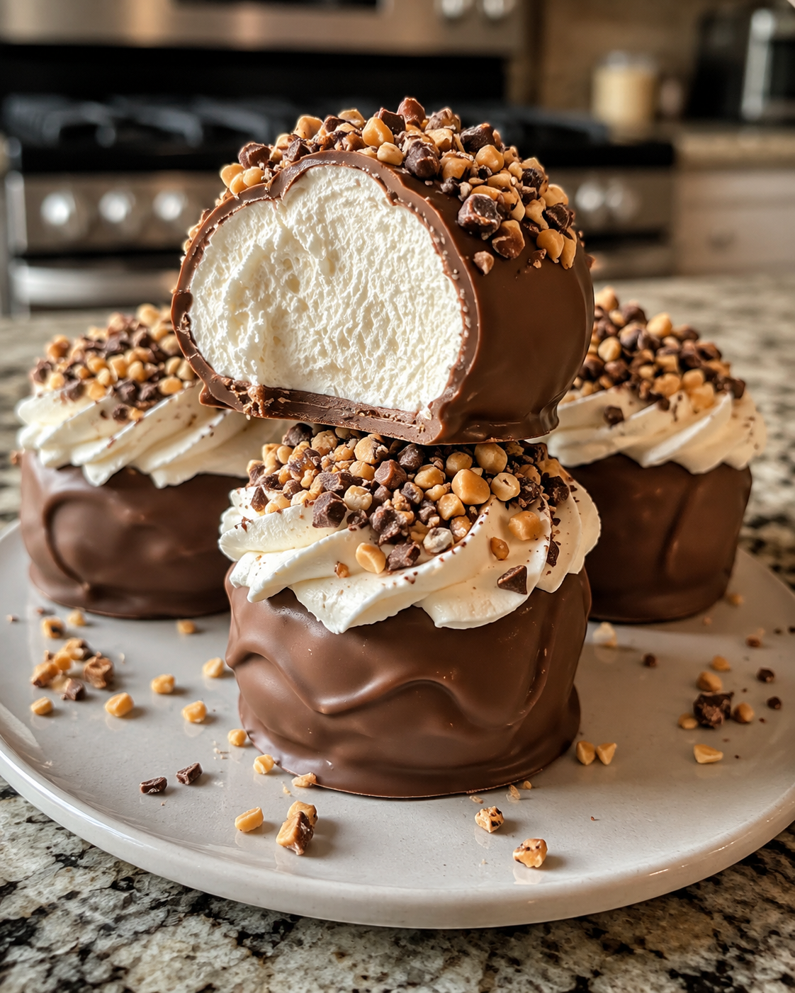 A tray of homemade frozen Cool Whip truffles coated in glossy milk chocolate, with a few topped with crushed toffee bits, chopped nuts, and mini chocolate chips. One truffle is cut open to reveal the light, fluffy, creamy center. Served on parchment paper in warm natural light on a rustic wooden table for an elegant no-bake dessert presentation.