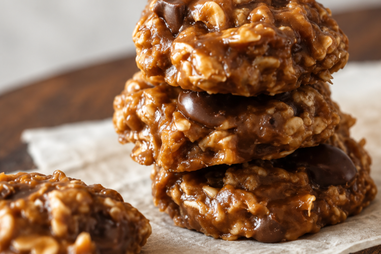 A stack of homemade no-bake oatmeal cookies made with chewy quick oats, rich caramel, melted butterscotch chips, and chocolate chips, arranged on parchment paper. The cookies have a glossy golden-brown finish with visible chocolate and toffee pieces, photographed in warm natural light on a rustic wooden table for a cozy homemade dessert presentation.