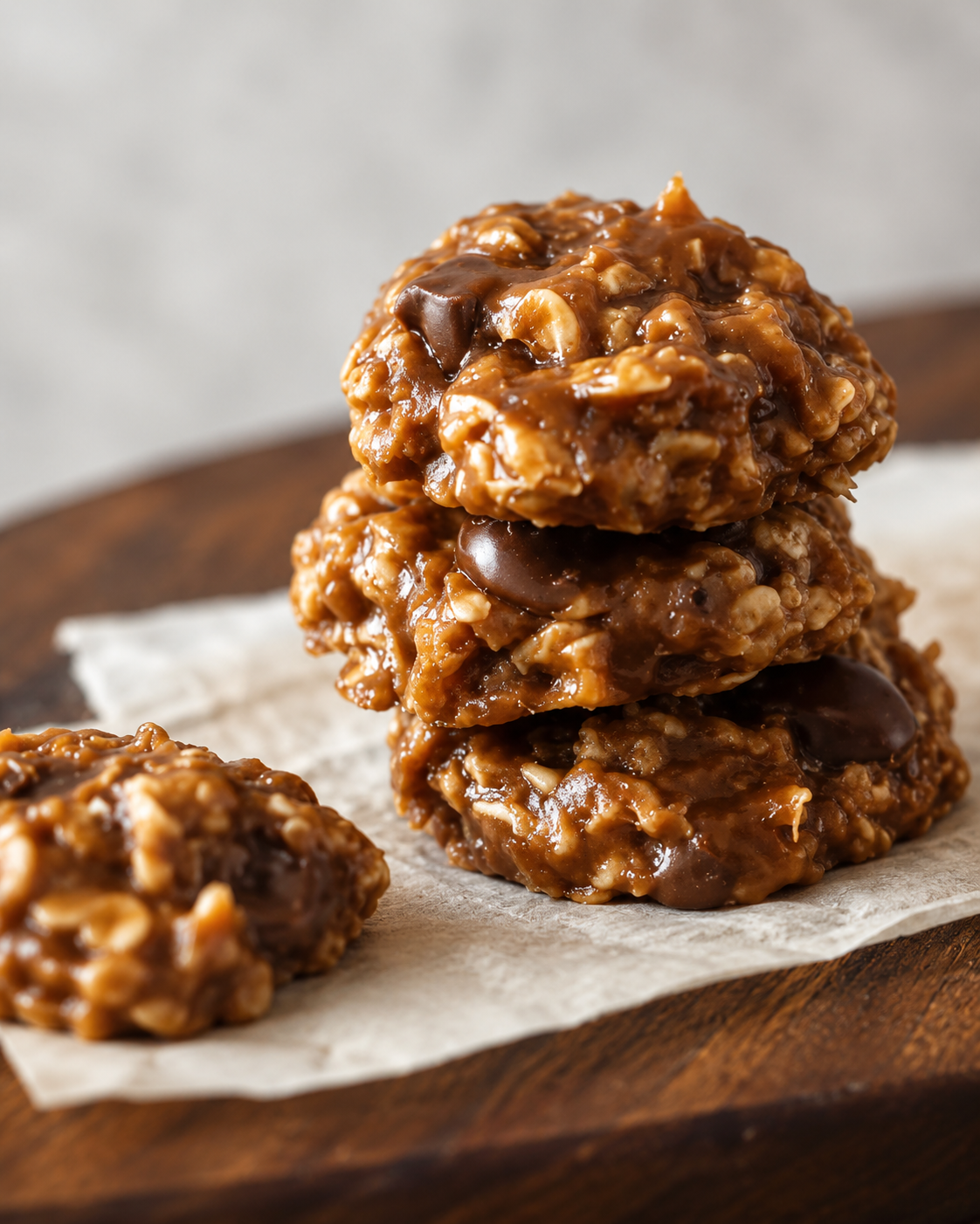 A stack of homemade no-bake oatmeal cookies made with chewy quick oats, rich caramel, melted butterscotch chips, and chocolate chips, arranged on parchment paper. The cookies have a glossy golden-brown finish with visible chocolate and toffee pieces, photographed in warm natural light on a rustic wooden table for a cozy homemade dessert presentation.