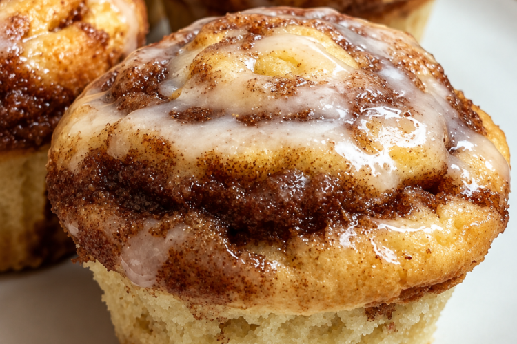 Golden-brown cinnamon roll muffins with soft, tender centers and visible swirls of cinnamon sugar throughout. The muffins are generously drizzled with sweet vanilla glaze that melts into the warm tops, creating a cozy homemade brunch treat.