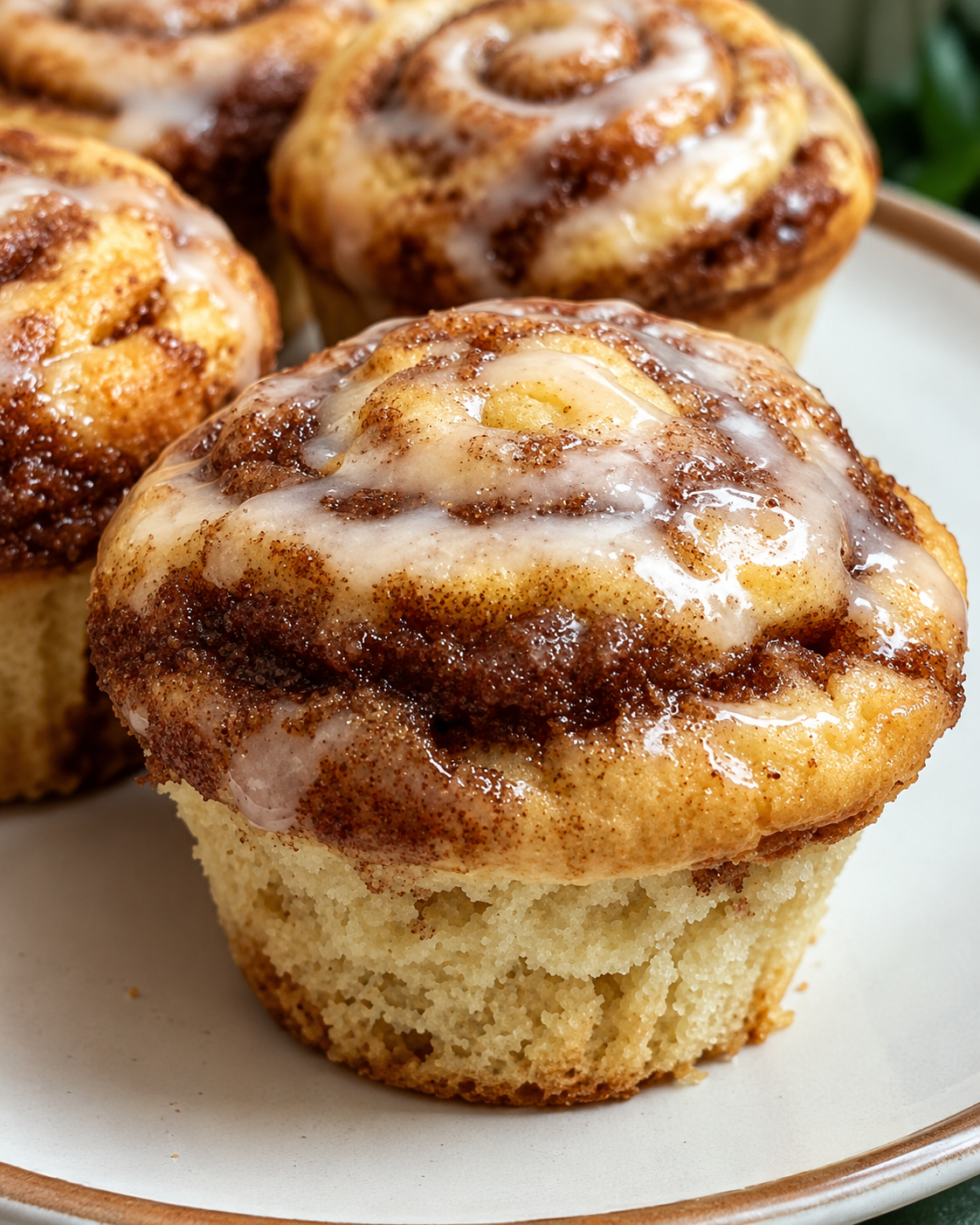 Golden-brown cinnamon roll muffins with soft, tender centers and visible swirls of cinnamon sugar throughout. The muffins are generously drizzled with sweet vanilla glaze that melts into the warm tops, creating a cozy homemade brunch treat.