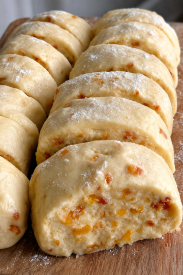 Alt text: Butterscotch shortbread cookies sliced from a log, showing a tender, buttery interior filled with golden butterscotch and toffee bits, lightly dusted with powdered sugar.