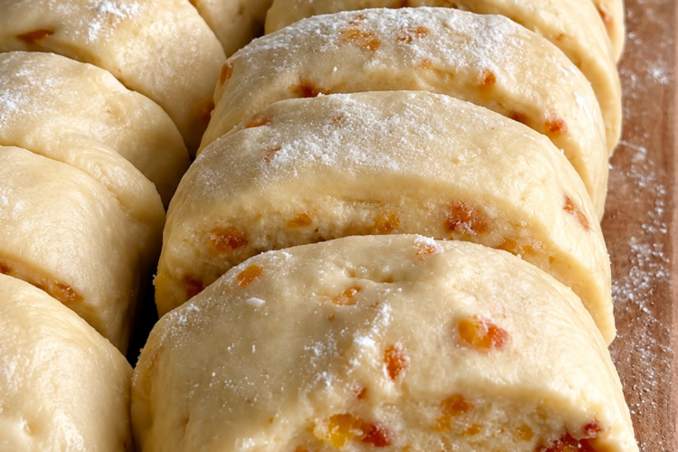 Alt text: Butterscotch shortbread cookies sliced from a log, showing a tender, buttery interior filled with golden butterscotch and toffee bits, lightly dusted with powdered sugar.