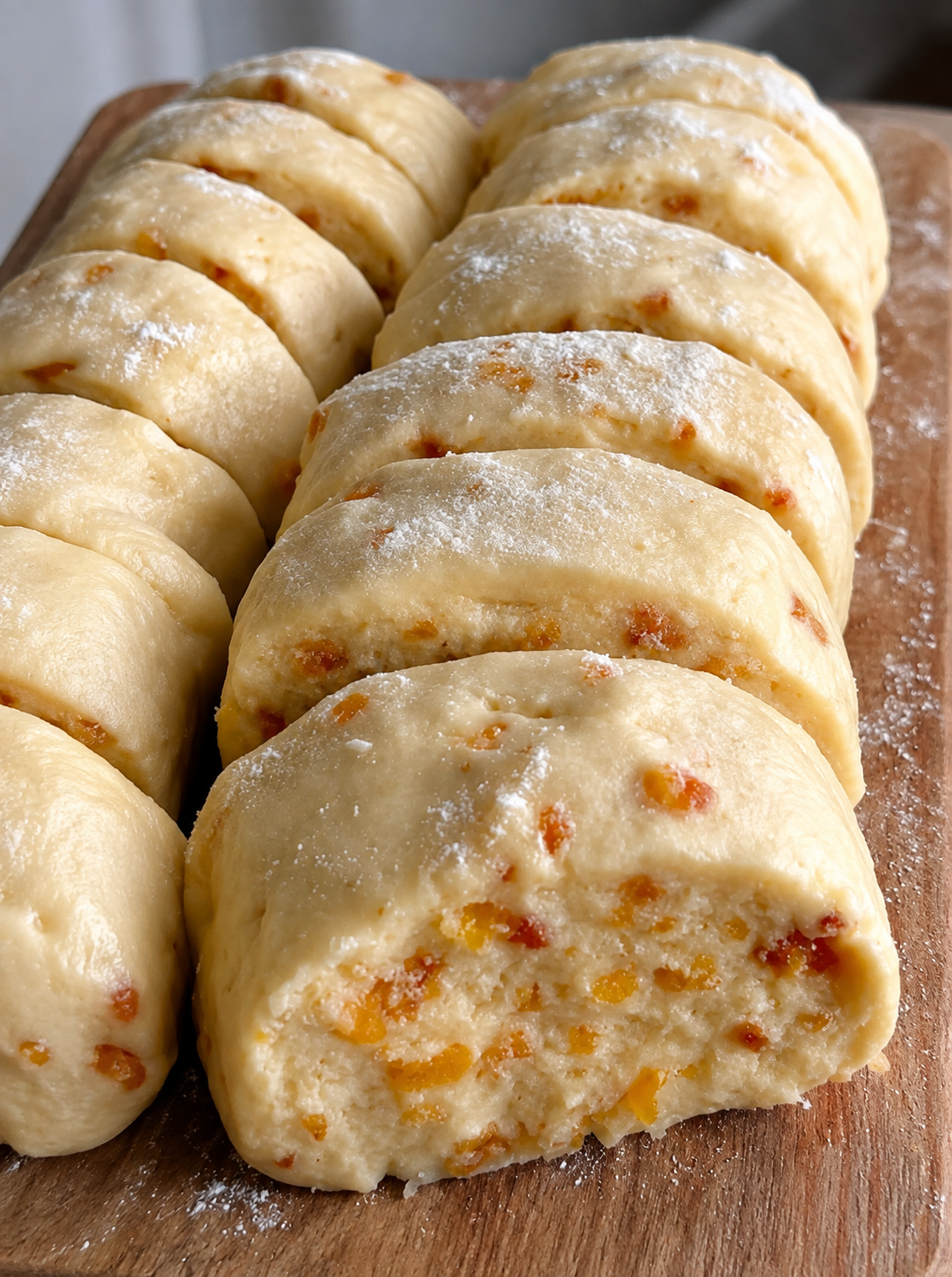 Alt text: Butterscotch shortbread cookies sliced from a log, showing a tender, buttery interior filled with golden butterscotch and toffee bits, lightly dusted with powdered sugar.