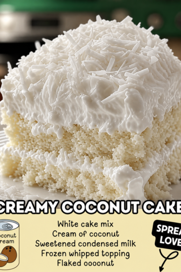 A moist white coconut cake topped with fluffy whipped frosting and covered in shredded coconut flakes, served on a white plate. The cake has a soft, creamy texture with layers of coconut topping.
