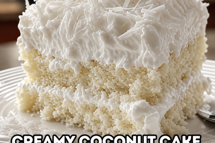 A moist white coconut cake topped with fluffy whipped frosting and covered in shredded coconut flakes, served on a white plate. The cake has a soft, creamy texture with layers of coconut topping.