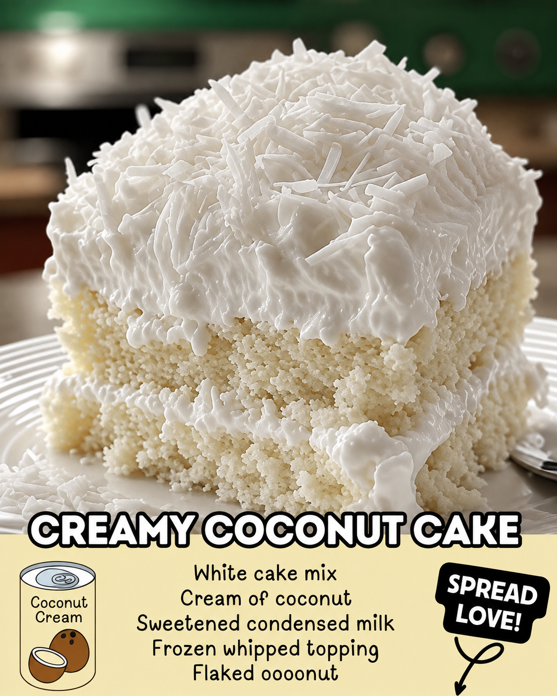 A moist white coconut cake topped with fluffy whipped frosting and covered in shredded coconut flakes, served on a white plate. The cake has a soft, creamy texture with layers of coconut topping.