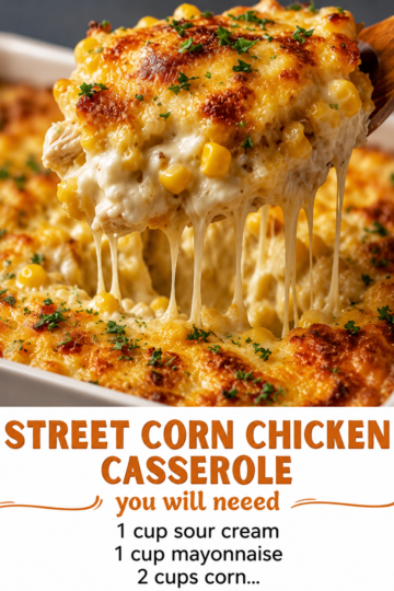 A cheesy street corn chicken casserole topped with golden-browned melted cheese, sweet corn, tender shredded chicken, and fresh herbs, served hot and bubbling from the baking dish.