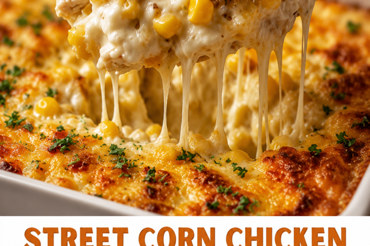 A cheesy street corn chicken casserole topped with golden-browned melted cheese, sweet corn, tender shredded chicken, and fresh herbs, served hot and bubbling from the baking dish.