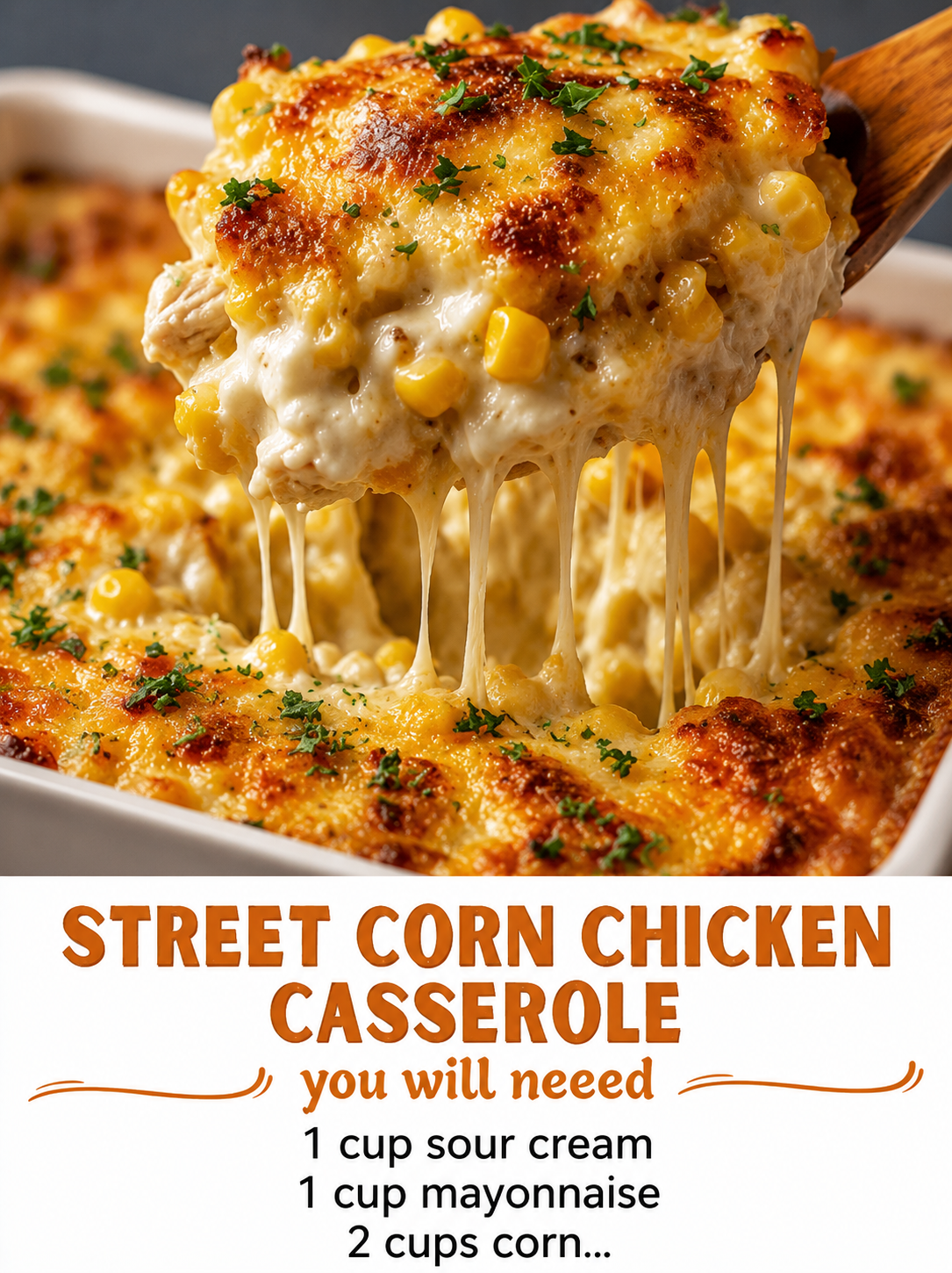 A cheesy street corn chicken casserole topped with golden-browned melted cheese, sweet corn, tender shredded chicken, and fresh herbs, served hot and bubbling from the baking dish.