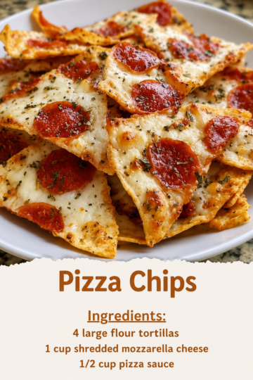 Crispy tortilla pizzas topped with a thin layer of pizza sauce, melted bubbly mozzarella, and curled pepperoni slices with caramelized edges. The tortillas are baked until deeply golden and shatteringly crisp, then cut into triangles and served warm on a parchment-lined baking sheet. Photographed in warm natural light for an easy, cheesy homemade pizza night.