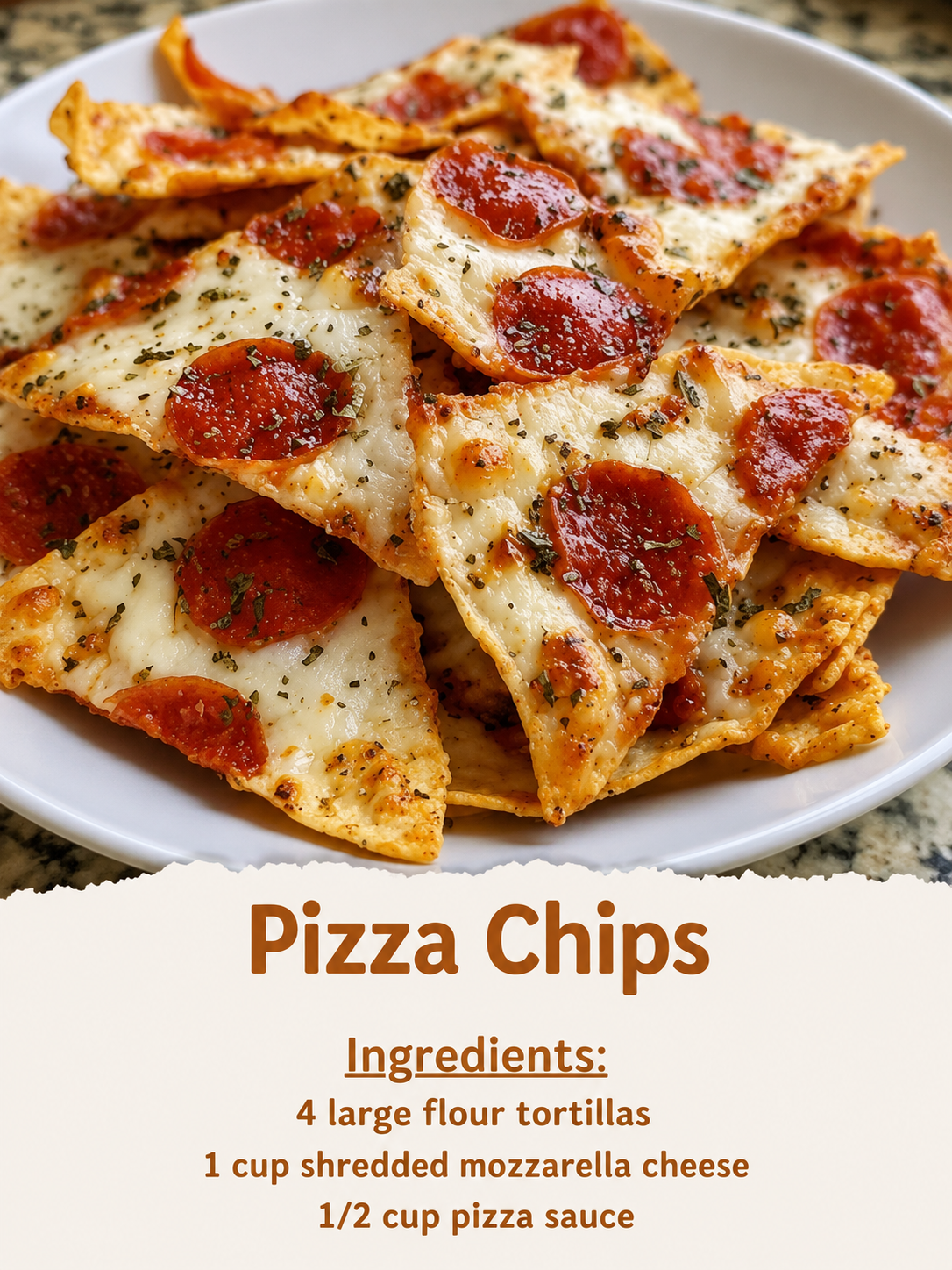Crispy tortilla pizzas topped with a thin layer of pizza sauce, melted bubbly mozzarella, and curled pepperoni slices with caramelized edges. The tortillas are baked until deeply golden and shatteringly crisp, then cut into triangles and served warm on a parchment-lined baking sheet. Photographed in warm natural light for an easy, cheesy homemade pizza night.