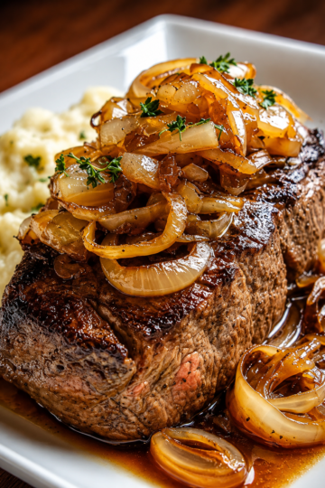 with a rich onion gravy made from deeply caramelized yellow onions, garlic, red wine, and beef broth. The fork-tender beef is arranged on a rustic platter, generously topped with glossy onion sauce and fresh thyme, alongside creamy mashed potatoes or traditional spaetzle. Photographed in warm natural light on a wooden farmhouse table for a cozy, comforting German-inspired dinner presentation.