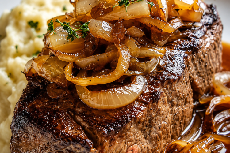 with a rich onion gravy made from deeply caramelized yellow onions, garlic, red wine, and beef broth. The fork-tender beef is arranged on a rustic platter, generously topped with glossy onion sauce and fresh thyme, alongside creamy mashed potatoes or traditional spaetzle. Photographed in warm natural light on a wooden farmhouse table for a cozy, comforting German-inspired dinner presentation.