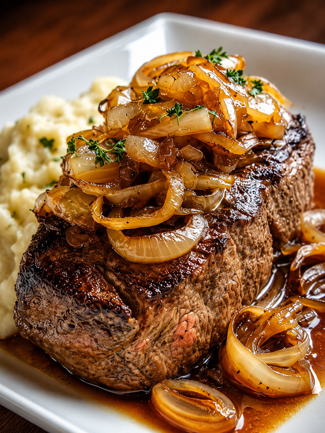 with a rich onion gravy made from deeply caramelized yellow onions, garlic, red wine, and beef broth. The fork-tender beef is arranged on a rustic platter, generously topped with glossy onion sauce and fresh thyme, alongside creamy mashed potatoes or traditional spaetzle. Photographed in warm natural light on a wooden farmhouse table for a cozy, comforting German-inspired dinner presentation.