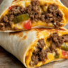 Golden, crispy air fryer cheeseburger wraps sliced in half to reveal seasoned ground beef, melted American cheese, dill pickles, ketchup, and mustard wrapped inside a toasted flour tortilla. Served on a rustic wooden board with extra pickles, dipping sauces, and crispy fries, photographed in warm natural light for a comforting homemade diner-style meal.