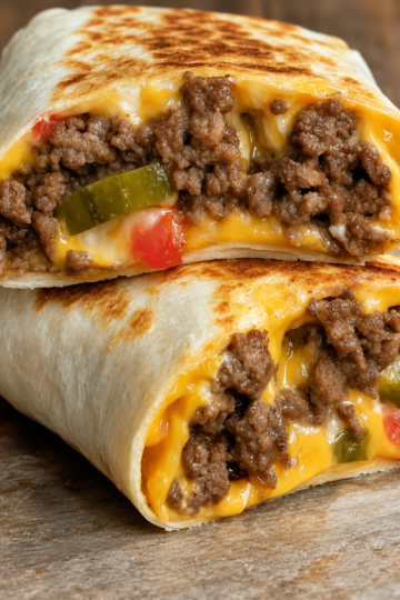 Golden, crispy air fryer cheeseburger wraps sliced in half to reveal seasoned ground beef, melted American cheese, dill pickles, ketchup, and mustard wrapped inside a toasted flour tortilla. Served on a rustic wooden board with extra pickles, dipping sauces, and crispy fries, photographed in warm natural light for a comforting homemade diner-style meal.