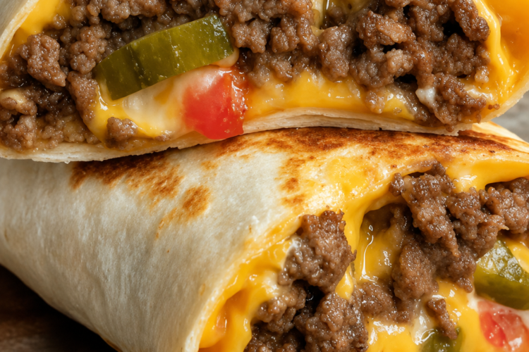 Golden, crispy air fryer cheeseburger wraps sliced in half to reveal seasoned ground beef, melted American cheese, dill pickles, ketchup, and mustard wrapped inside a toasted flour tortilla. Served on a rustic wooden board with extra pickles, dipping sauces, and crispy fries, photographed in warm natural light for a comforting homemade diner-style meal.