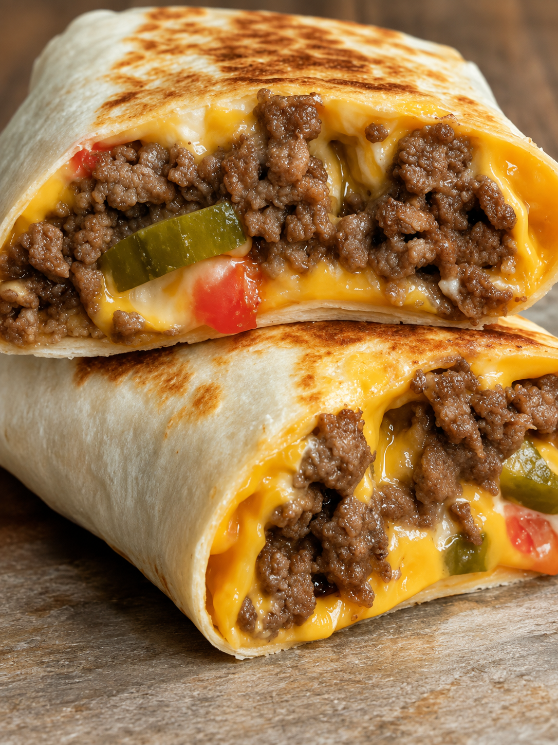 Golden, crispy air fryer cheeseburger wraps sliced in half to reveal seasoned ground beef, melted American cheese, dill pickles, ketchup, and mustard wrapped inside a toasted flour tortilla. Served on a rustic wooden board with extra pickles, dipping sauces, and crispy fries, photographed in warm natural light for a comforting homemade diner-style meal.