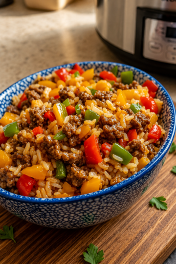 A colorful Beef and Pepper Rice Bowl made with seasoned ground beef, fluffy white rice, sautéed red and green bell peppers, and tender onions, all tossed in a savory soy and hoisin sauce. Garnished with freshly sliced green onions and served in a rustic bowl on a wooden table in warm natural light, creating a quick, hearty, takeout-style meal perfect for busy weeknights.