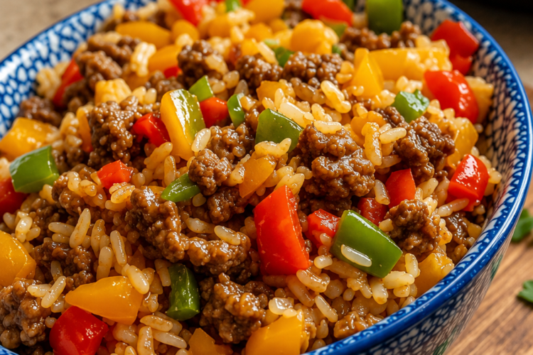 A colorful Beef and Pepper Rice Bowl made with seasoned ground beef, fluffy white rice, sautéed red and green bell peppers, and tender onions, all tossed in a savory soy and hoisin sauce. Garnished with freshly sliced green onions and served in a rustic bowl on a wooden table in warm natural light, creating a quick, hearty, takeout-style meal perfect for busy weeknights.