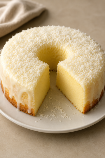 A creamy coconut custard cake baked until lightly golden and coated with sweet shredded coconut flakes. A slice has been removed to reveal the smooth, silky interior with a flan-like texture. Served on a white cake stand with extra toasted coconut scattered around, photographed in warm natural light on a rustic wooden table for an elegant homemade tropical dessert presentation.