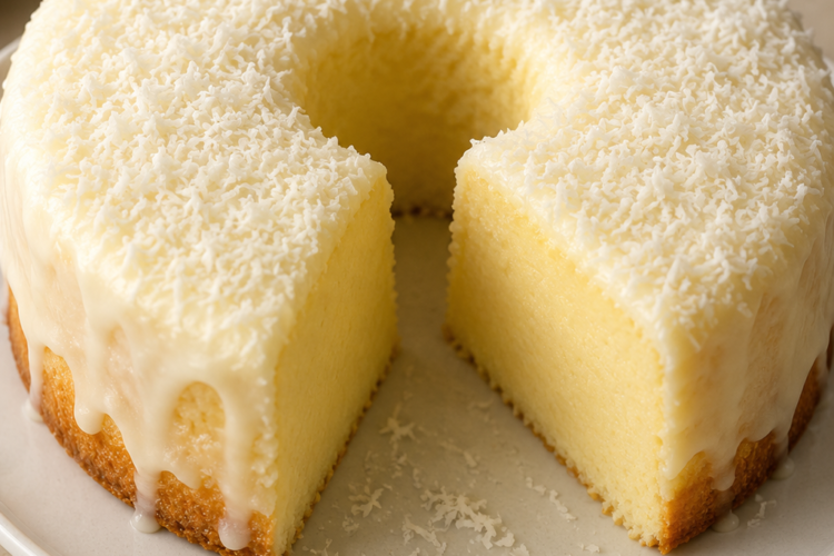 A creamy coconut custard cake baked until lightly golden and coated with sweet shredded coconut flakes. A slice has been removed to reveal the smooth, silky interior with a flan-like texture. Served on a white cake stand with extra toasted coconut scattered around, photographed in warm natural light on a rustic wooden table for an elegant homemade tropical dessert presentation.