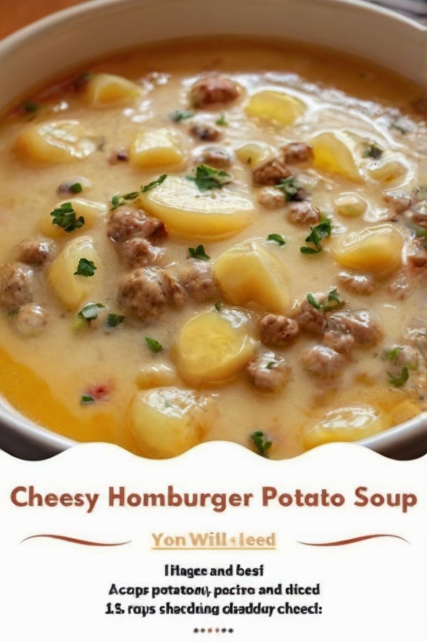 Creamy cheesy potato and beef soup made with tender diced potatoes, seasoned ground beef, onions, garlic, and a rich beef broth. Melted cheddar creates a smooth golden broth, finished with fresh parsley and served hot in a bowl as a cozy, hearty comfort meal.