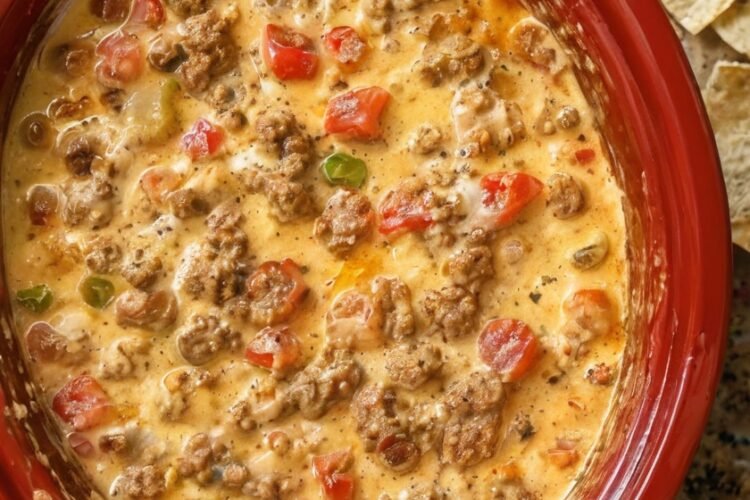 Creamy slow cooker sausage dip made with browned breakfast sausage, melted cheese, and diced tomatoes with green chilies. The warm, savory dip has a smooth, cheesy texture and is served with crispy tortilla chips, making it an easy crowd-pleasing appetizer for game day or gatherings.