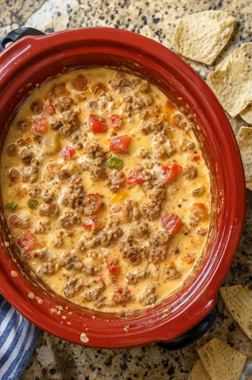Creamy slow cooker sausage dip made with browned breakfast sausage, melted cheese, and diced tomatoes with green chilies. The warm, savory dip has a smooth, cheesy texture and is served with crispy tortilla chips, making it an easy crowd-pleasing appetizer for game day or gatherings.
