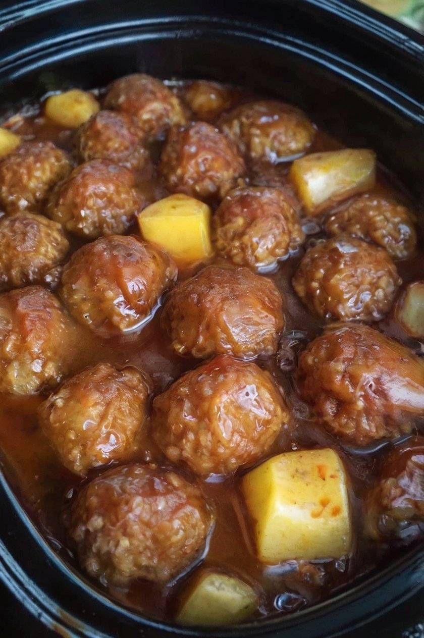 Sweet and savory slow cooker pineapple barbecue meatballs made with tender meatballs coated in tangy BBQ sauce, juicy pineapple chunks, brown sugar, and garlic. The meatballs are warm, glossy, and generously covered in the sweet-and-smoky sauce, making them an easy appetizer for parties, game day, or family gatherings.