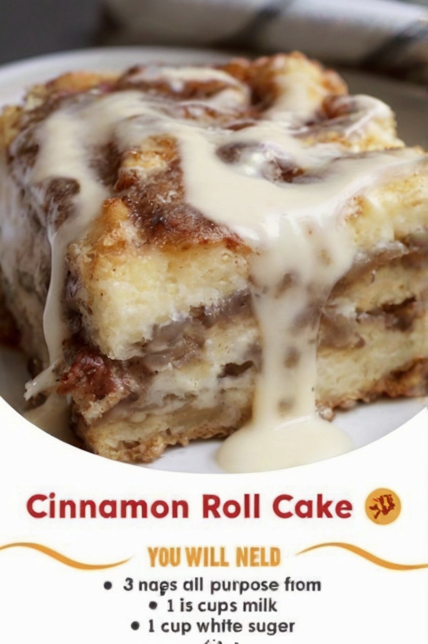 A warm cinnamon roll cake baked in a 9x13-inch pan, featuring a soft golden cake with swirls of buttery cinnamon and brown sugar throughout. A sweet vanilla glaze is drizzled over the top, melting into the warm cake and creating glossy, gooey pockets of cinnamon sweetness.