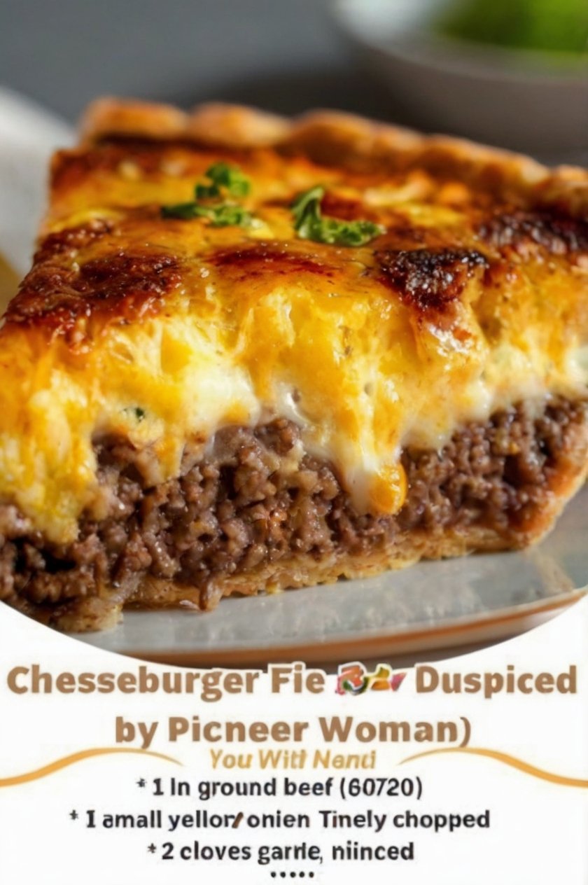Homemade cheeseburger pie with a flaky golden crust filled with seasoned ground beef, sautéed onions and garlic, and melted cheddar cheese. The top is golden and bubbling with crisp, caramelized cheese around the edges, creating a hearty, comforting dinner.