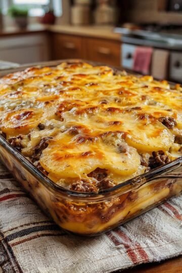 Cheesy hamburger casserole layered with seasoned ground beef, thinly sliced russet potatoes, and shredded cheddar cheese, covered in a creamy cheddar sauce. Baked until the potatoes are tender and the top is golden, bubbly, and melted, creating a hearty and comforting family dinner.