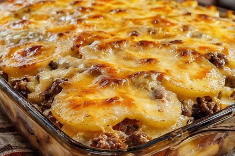 Cheesy hamburger casserole layered with seasoned ground beef, thinly sliced russet potatoes, and shredded cheddar cheese, covered in a creamy cheddar sauce. Baked until the potatoes are tender and the top is golden, bubbly, and melted, creating a hearty and comforting family dinner.