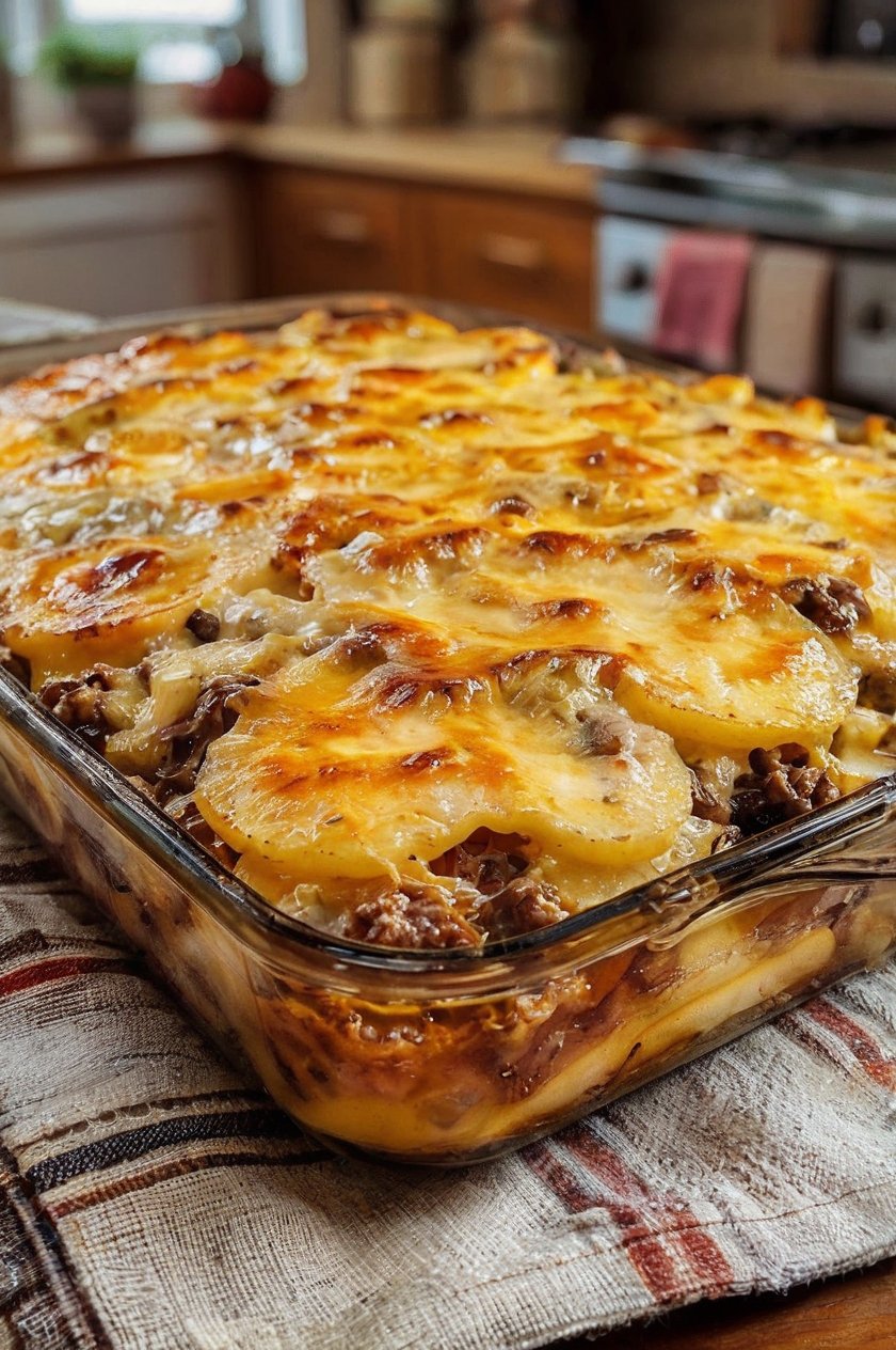 Cheesy hamburger casserole layered with seasoned ground beef, thinly sliced russet potatoes, and shredded cheddar cheese, covered in a creamy cheddar sauce. Baked until the potatoes are tender and the top is golden, bubbly, and melted, creating a hearty and comforting family dinner.