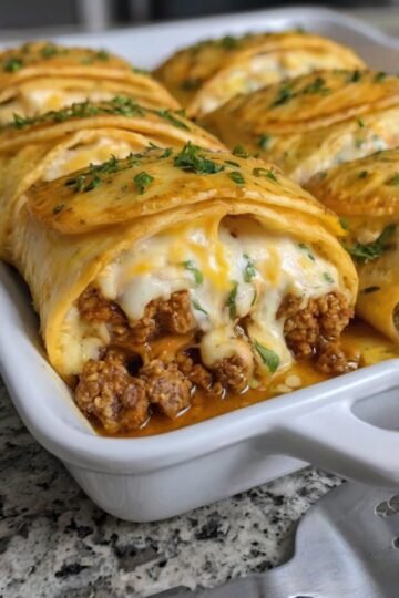 Cheeseburger pockets made with flaky crescent roll dough filled with seasoned ground beef, sautéed onions, ketchup, mustard, Worcestershire sauce, and melted cheddar cheese. The pockets are baked until golden brown and crisp, creating a warm, cheesy handheld meal that's perfect for a quick family dinner or snack.