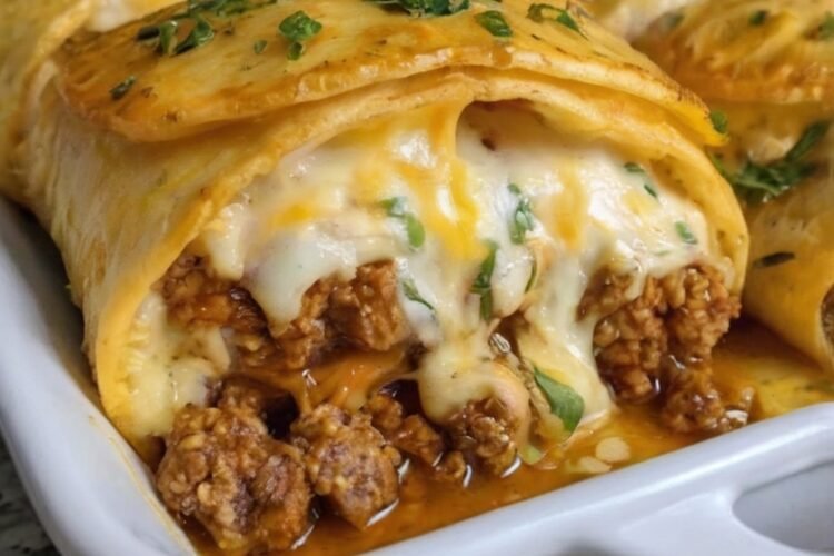 Cheeseburger pockets made with flaky crescent roll dough filled with seasoned ground beef, sautéed onions, ketchup, mustard, Worcestershire sauce, and melted cheddar cheese. The pockets are baked until golden brown and crisp, creating a warm, cheesy handheld meal that's perfect for a quick family dinner or snack.