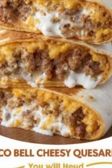 Homemade Quesaritos filled with seasoned ground beef, fluffy rice, sour cream, and melted cheese, wrapped in a golden flour tortilla with a crispy cheese-fused exterior. The quesaritos are sliced in half to show the gooey, cheesy filling and served warm with sour cream and salsa on the side, creating a crave-worthy Taco Bell-style meal at home