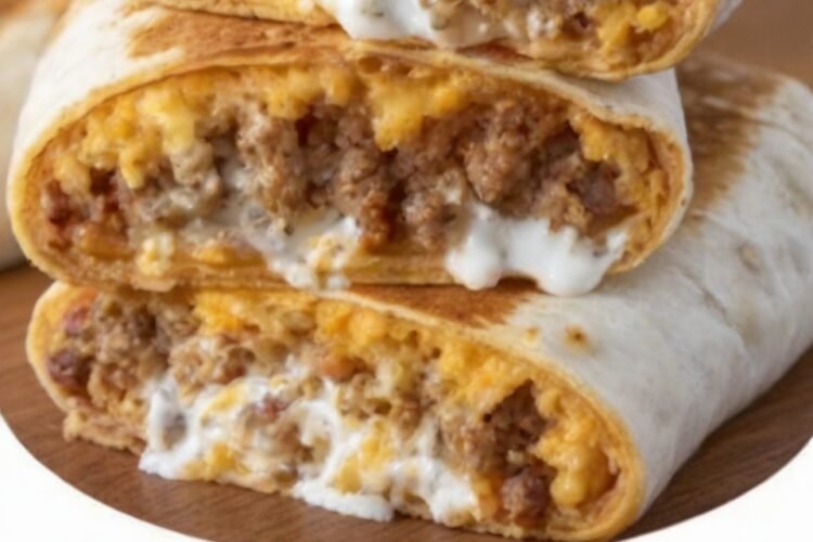 Homemade Quesaritos filled with seasoned ground beef, fluffy rice, sour cream, and melted cheese, wrapped in a golden flour tortilla with a crispy cheese-fused exterior. The quesaritos are sliced in half to show the gooey, cheesy filling and served warm with sour cream and salsa on the side, creating a crave-worthy Taco Bell-style meal at home