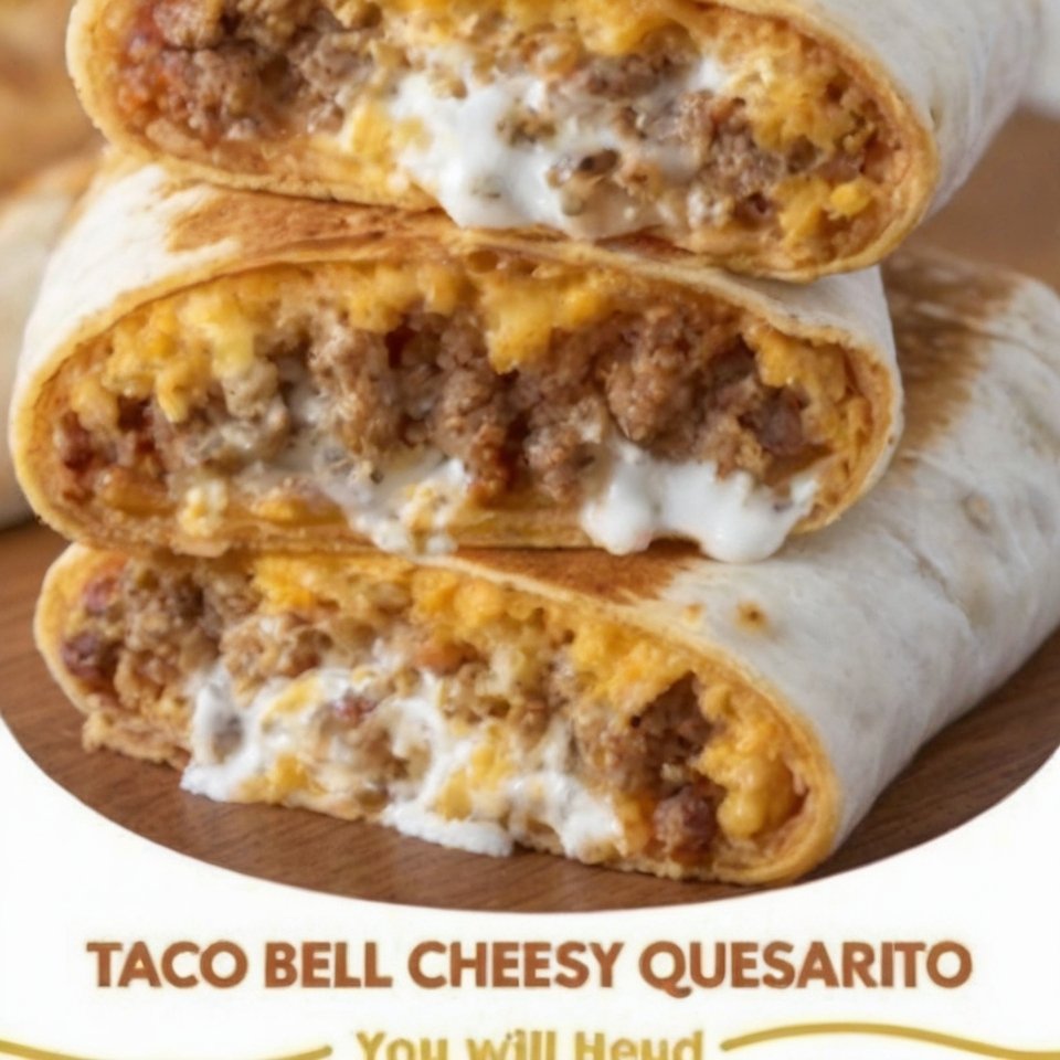 Homemade Quesaritos filled with seasoned ground beef, fluffy rice, sour cream, and melted cheese, wrapped in a golden flour tortilla with a crispy cheese-fused exterior. The quesaritos are sliced in half to show the gooey, cheesy filling and served warm with sour cream and salsa on the side, creating a crave-worthy Taco Bell-style meal at home