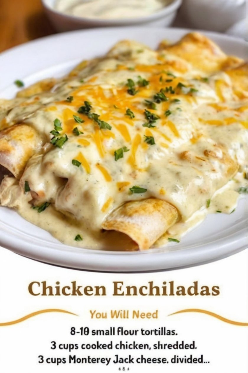 Creamy white chicken enchiladas made with shredded rotisserie chicken, Monterey Jack cheese, and soft flour tortillas, covered in a rich sour cream and green chile sauce. Baked until the cheese is melted, bubbly, and lightly golden around the edges, then finished with fresh herbs for a comforting family dinner.